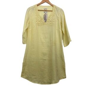 100% linen Malvin Germany tunic dress yellow 3/4 sleeve embroidery medium size 8